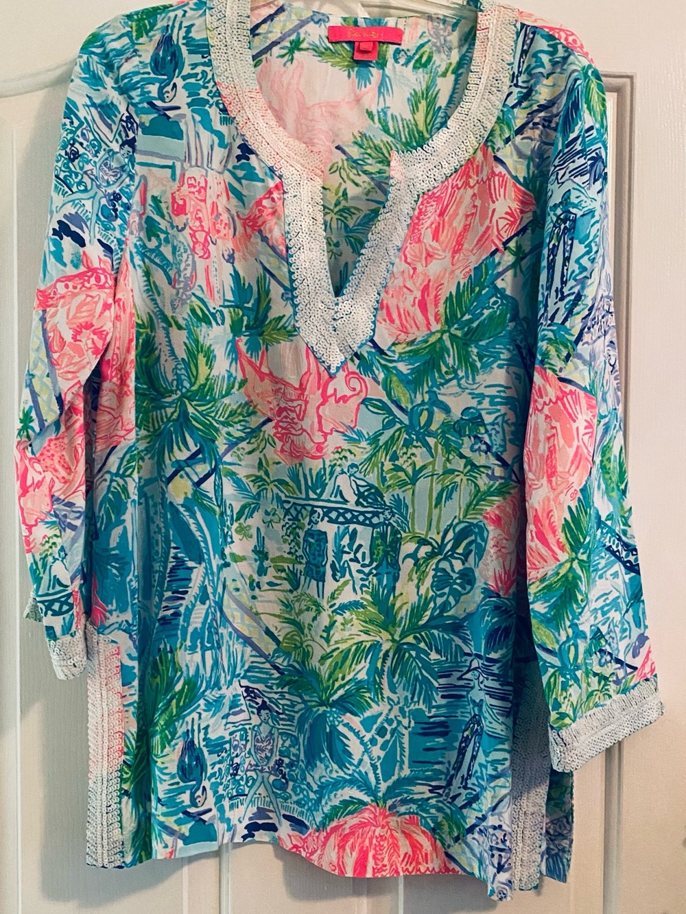 Lilly Pulitzer Coral, Teal & Green Palm-Print V-Neck Tunic